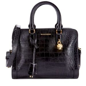 ALEXANDER MCQUEEN
​Small Padlock Croc-Embossed Leather Satchel